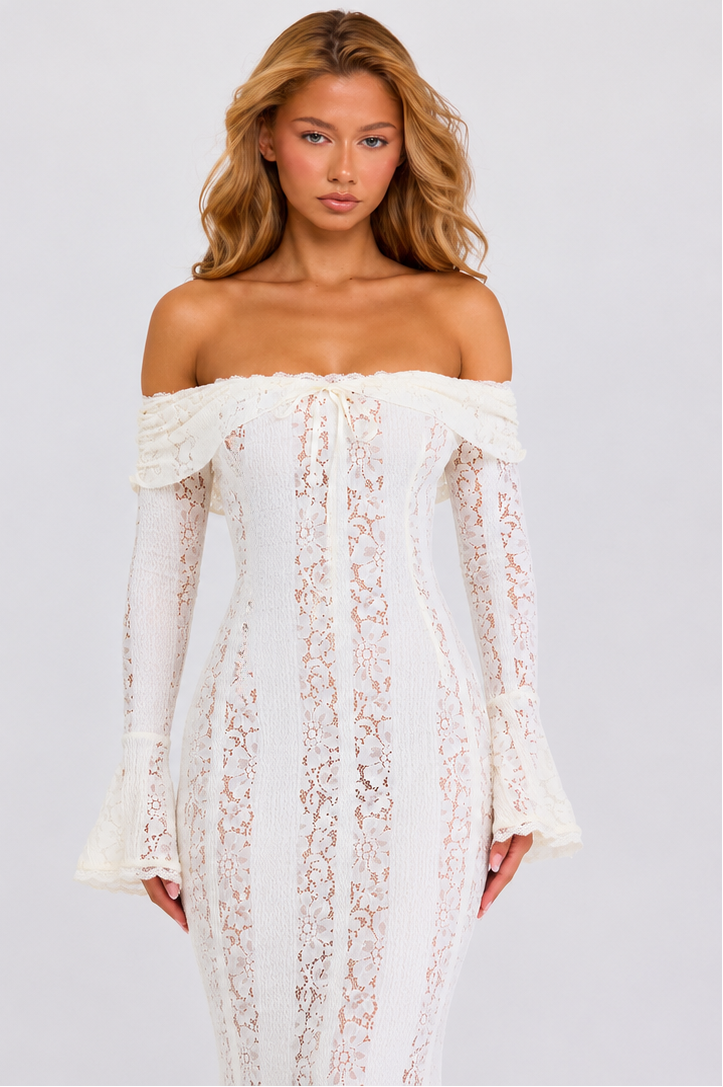Vérane | Robe Longue Dentelle Épaules Dénudées Sirène