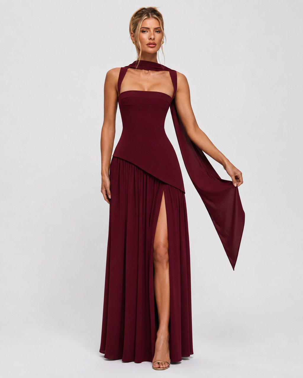 Ariane | Robe Longue Corset Fendue Écharpe Assortie