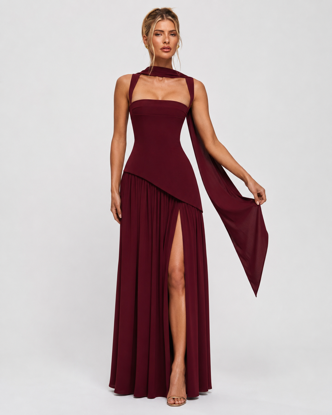 Ariane | Robe Longue Corset Fendue Écharpe Assortie