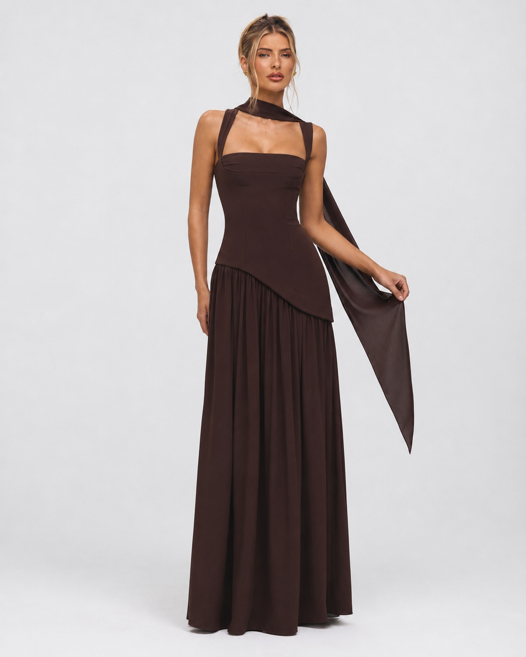 Ariane | Robe Longue Corset Fendue Écharpe Assortie