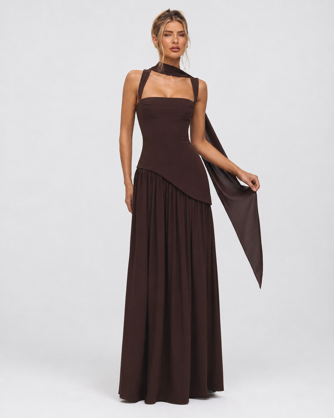 Ariane | Robe Longue Corset Fendue Écharpe Assortie