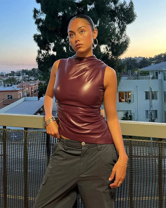 Florine | Top Sans Manches Simili Cuir Ajusté