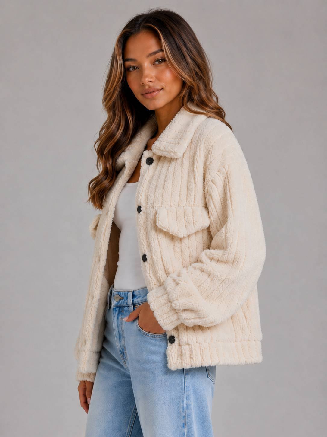 Élodie | Veste Peluche Col Boutonné
