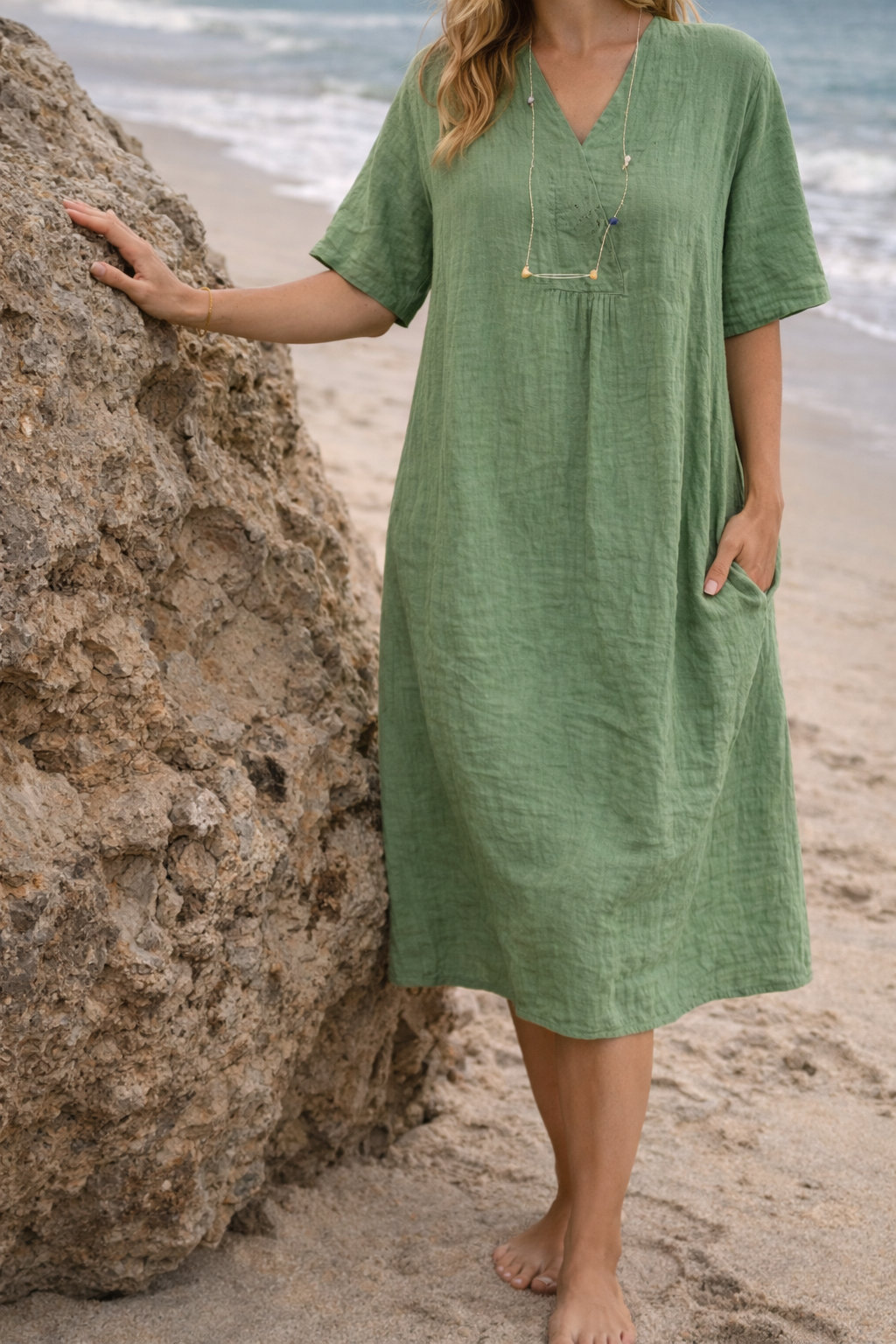 Ségolène | Robe Midi Lin Col V