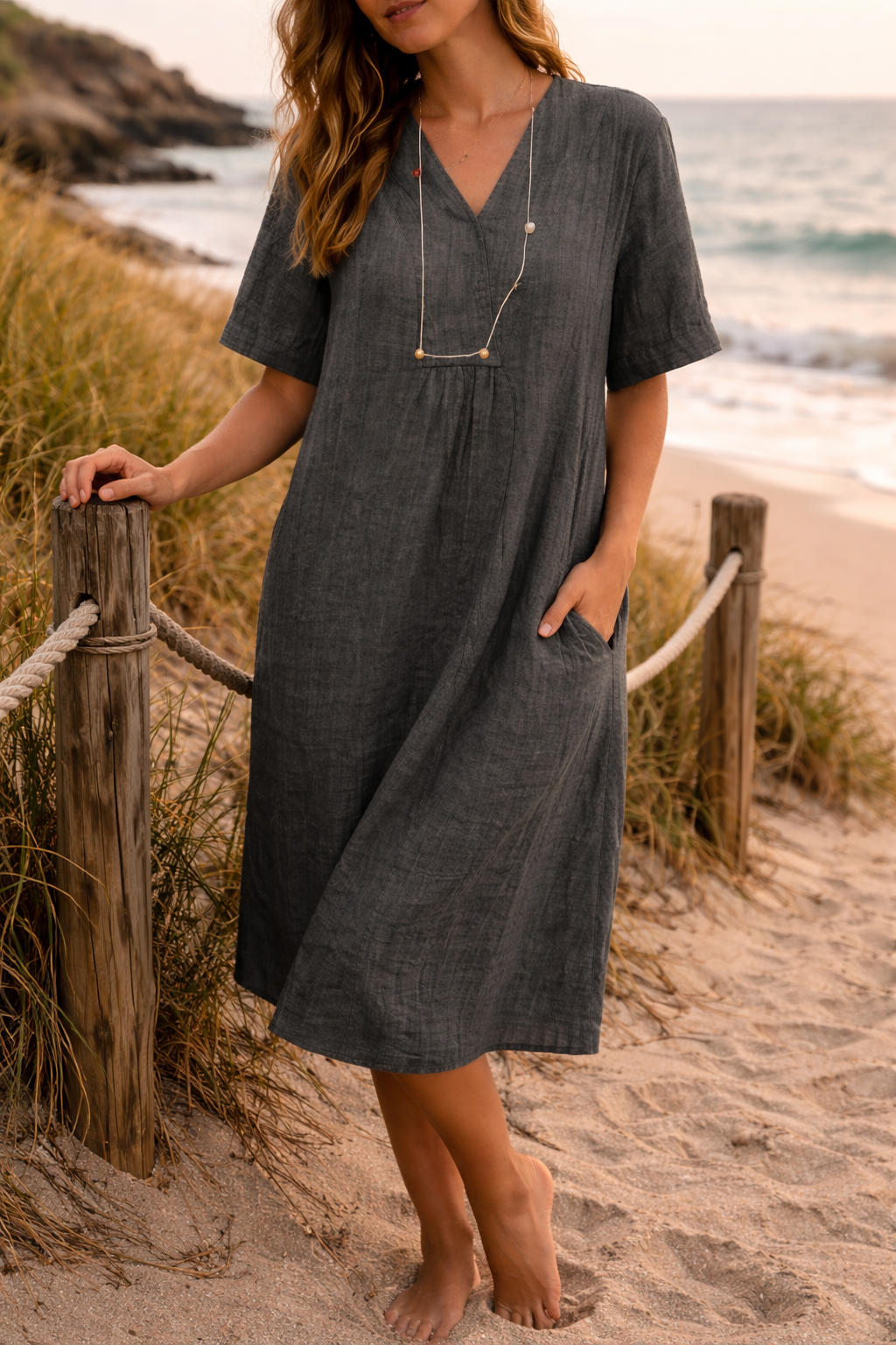 Ségolène | Robe Midi Lin Col V