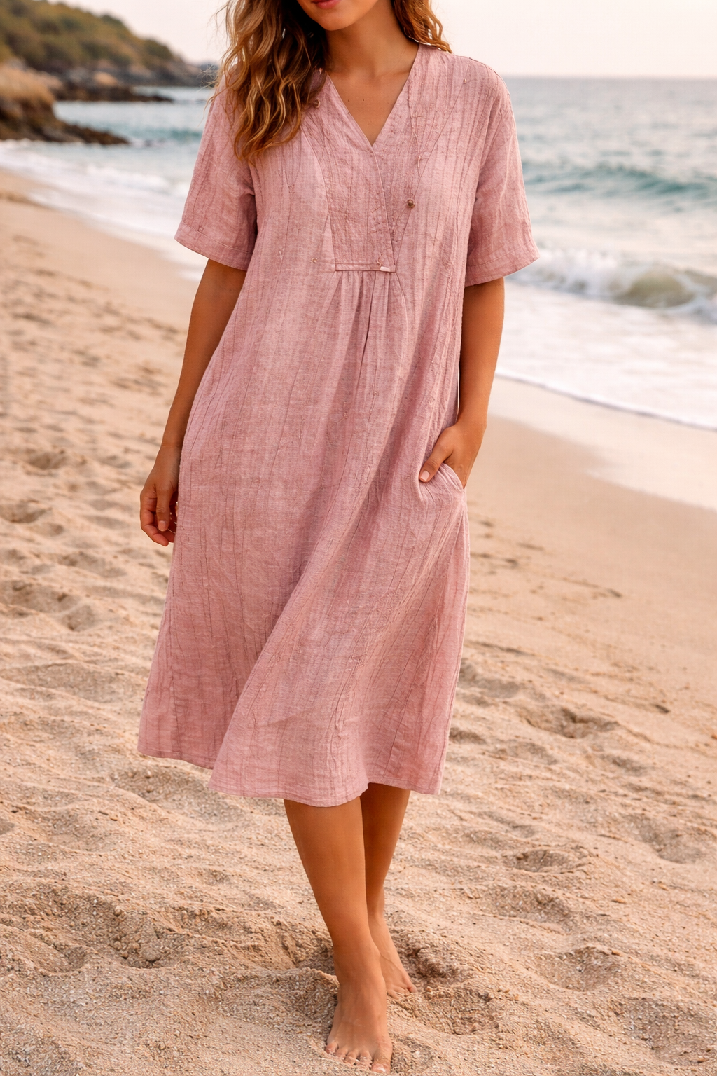 Ségolène | Robe Midi Lin Col V