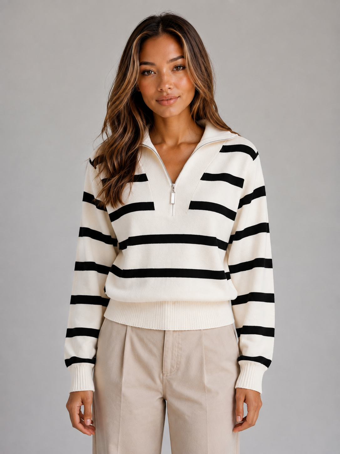 Aurélie | Pull Rayé Demi-Zip