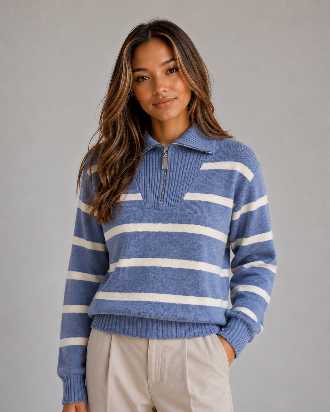 Aurélie | Pull Rayé Demi-Zip
