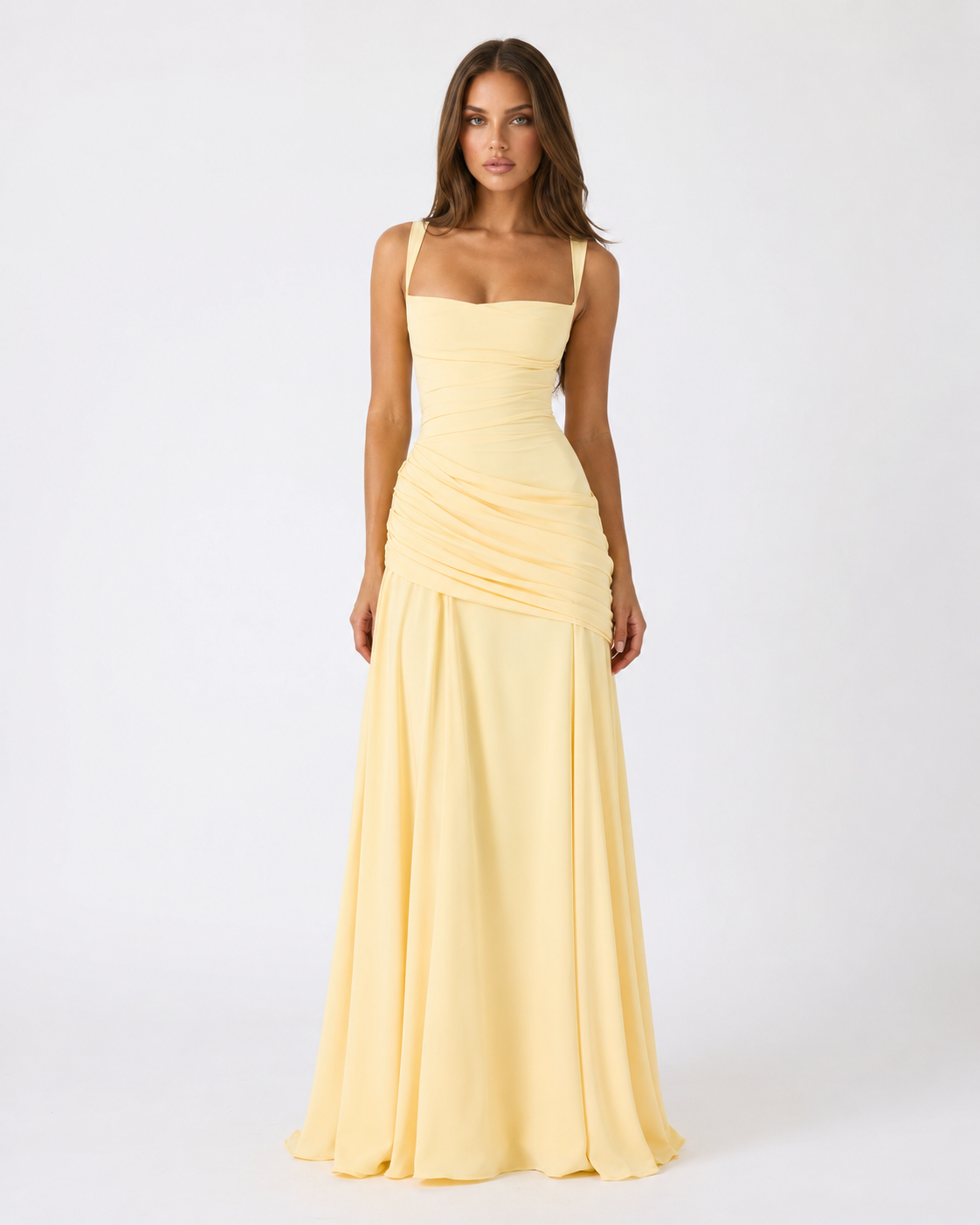 Calixte | Robe Longue Col Carré Drapé Hanches