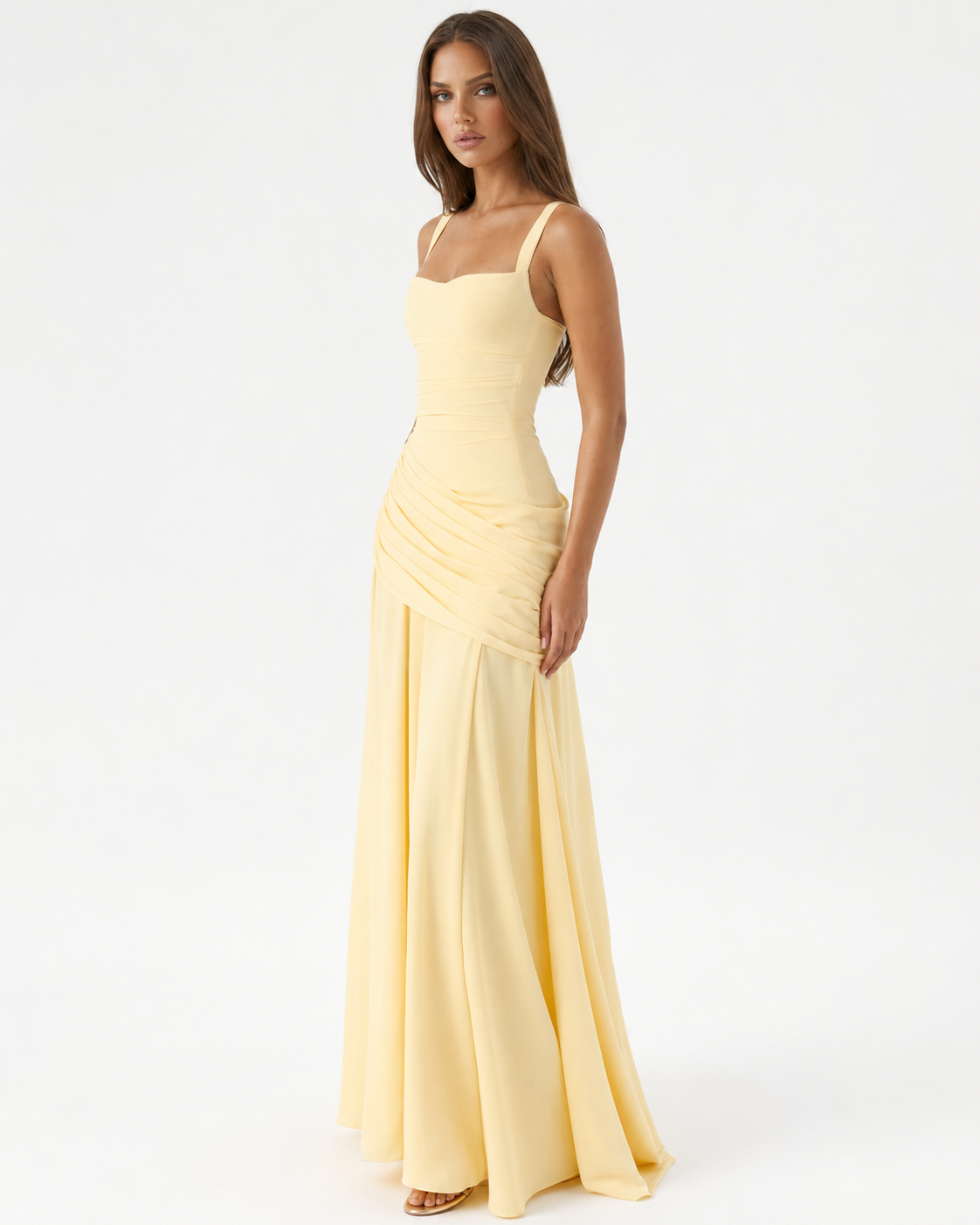 Calixte | Robe Longue Col Carré Drapé Hanches