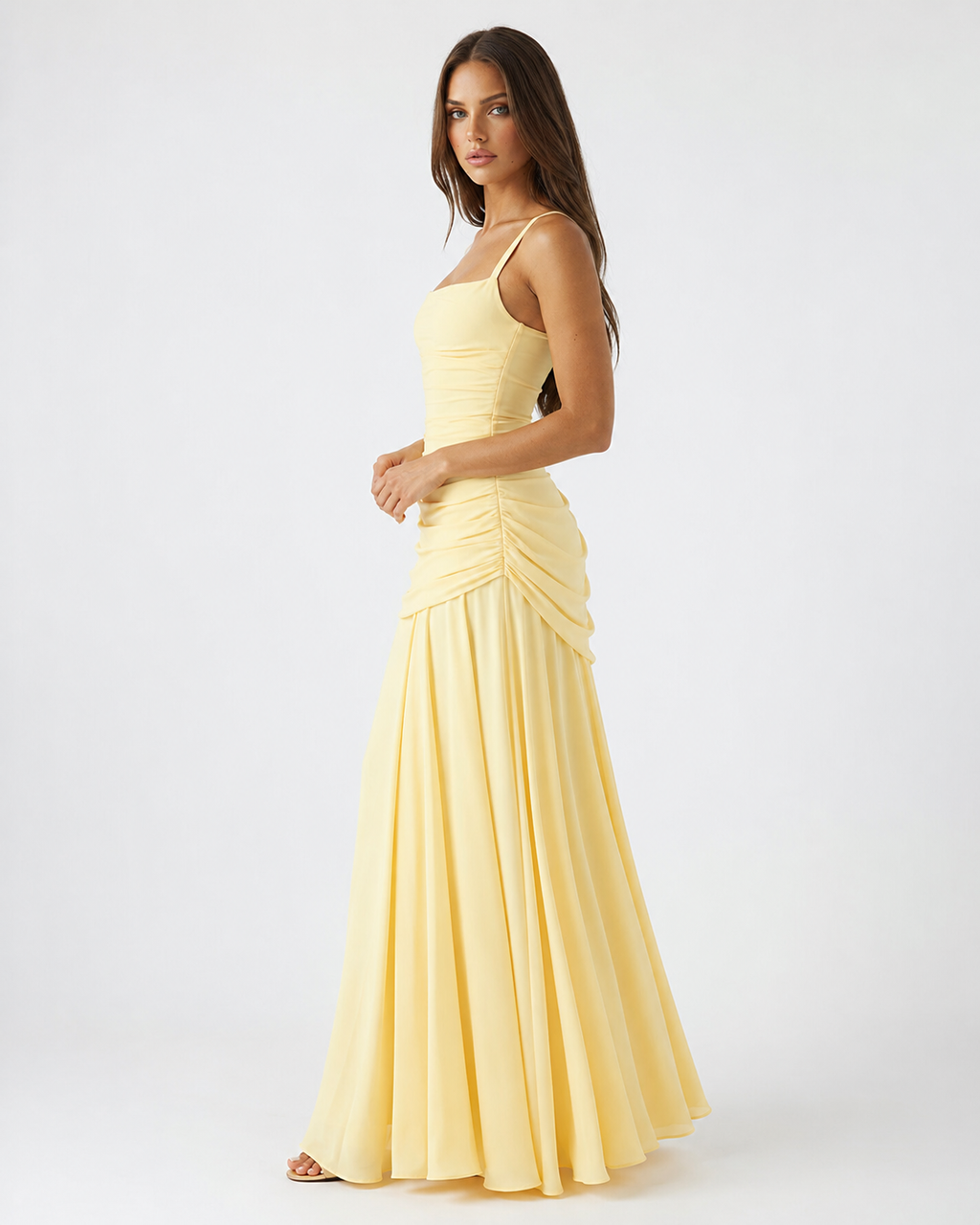 Calixte | Robe Longue Col Carré Drapé Hanches
