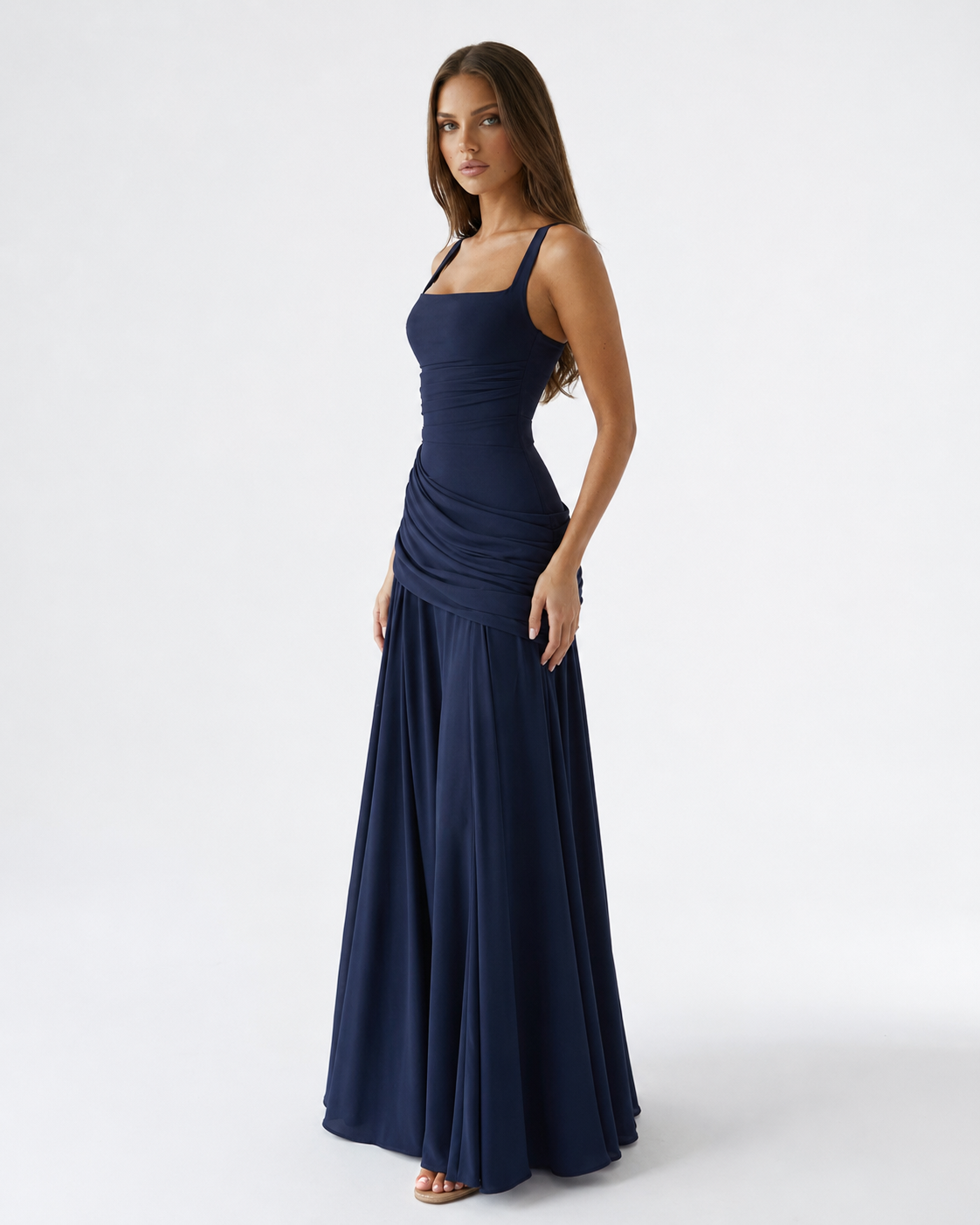 Calixte | Robe Longue Col Carré Drapé Hanches