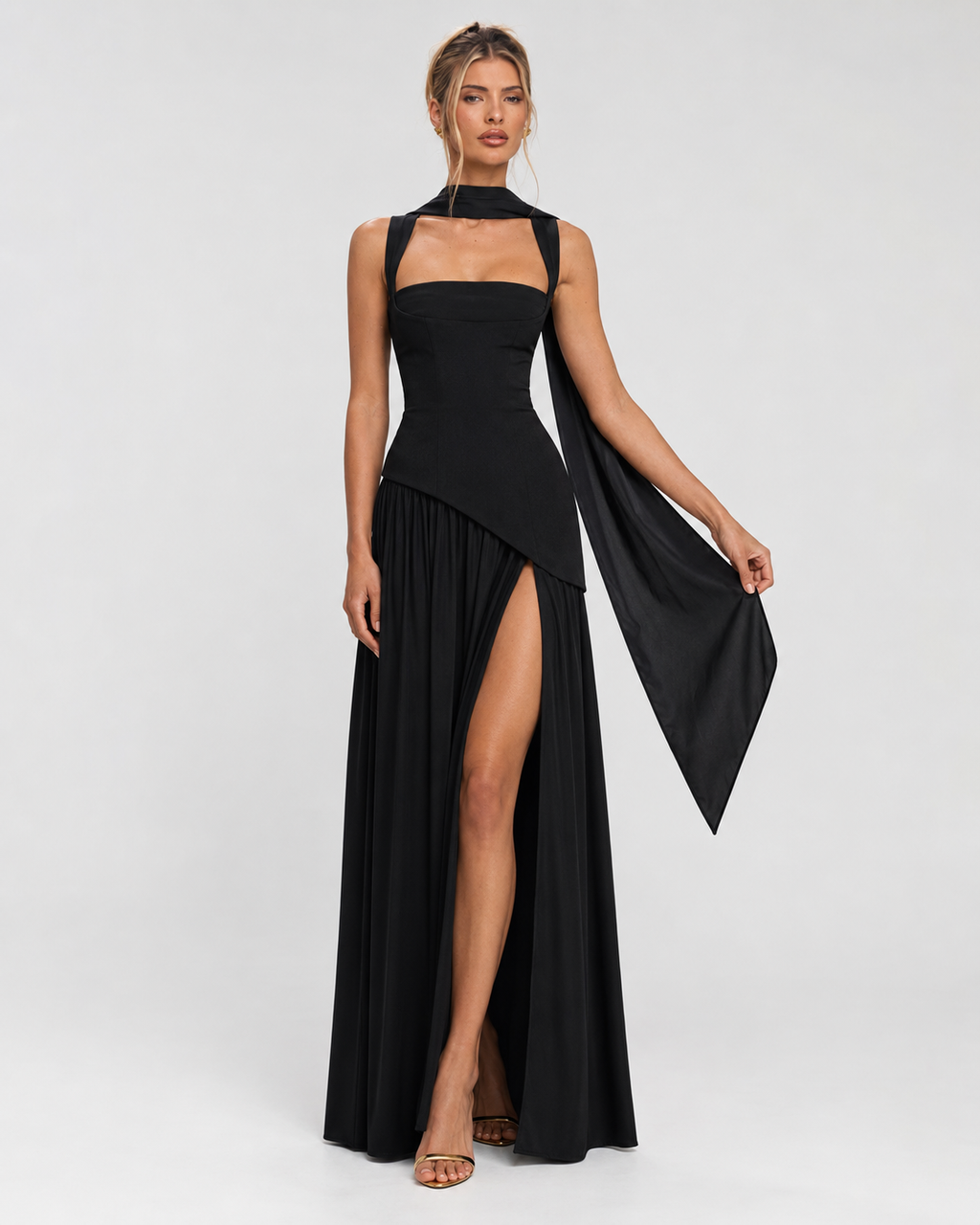 Ariane | Robe Longue Corset Fendue Écharpe Assortie