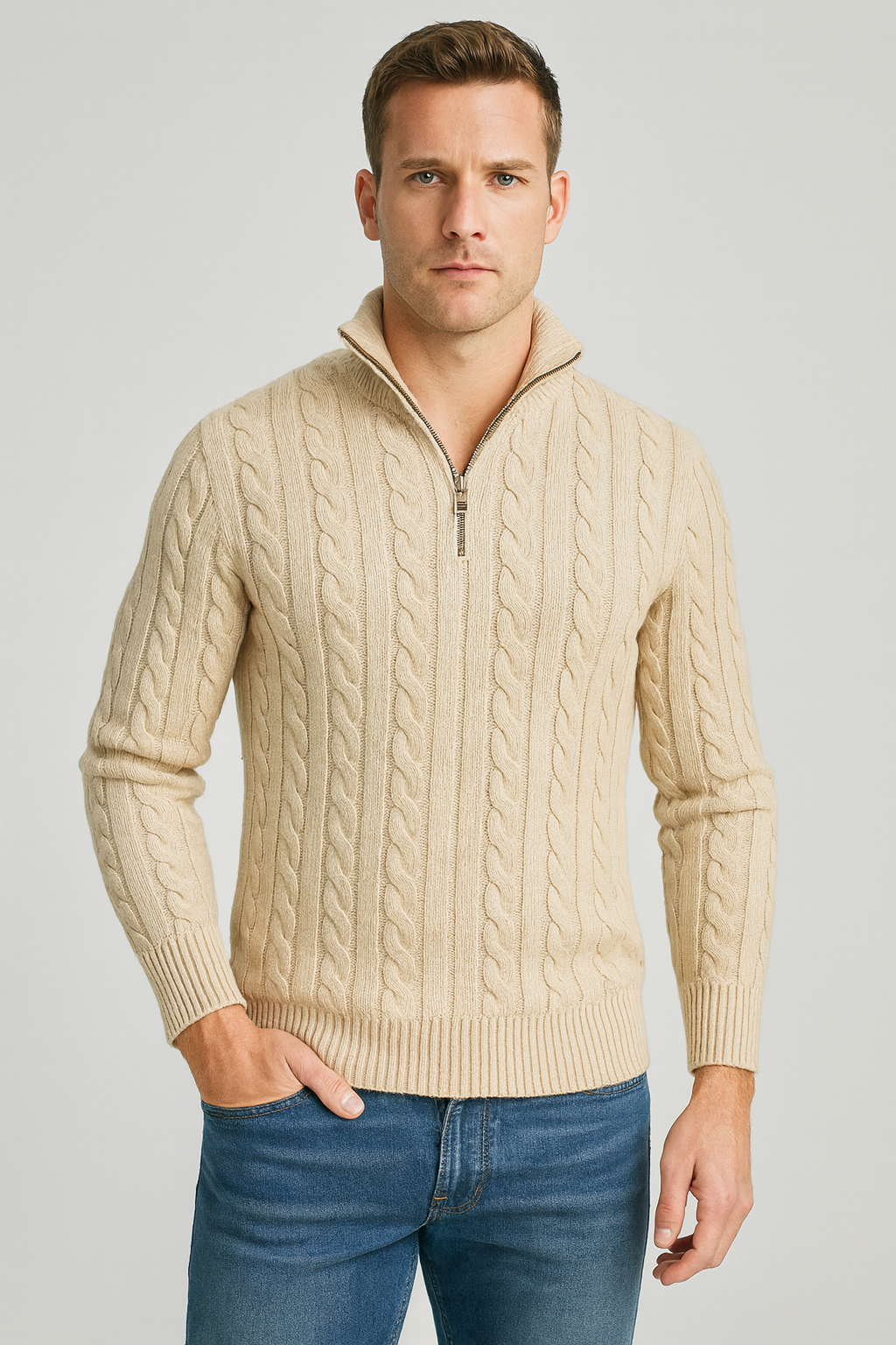 Joris | Pull Torsadé Demi-Zip Col Montant