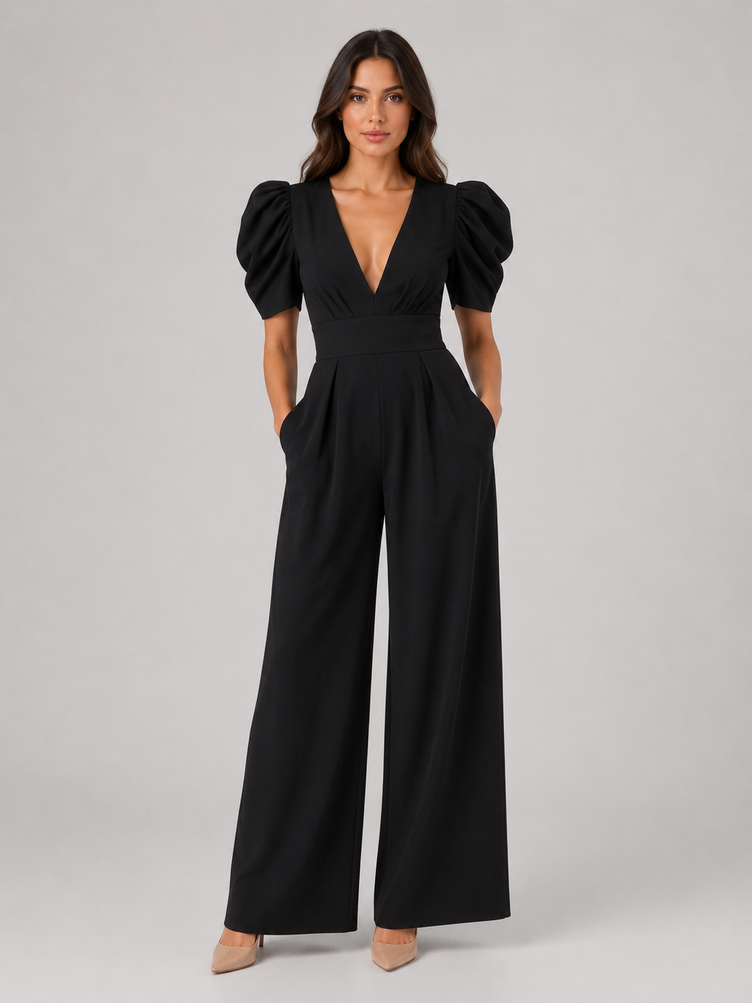 Clémence | Combinaison Pantalon Large Manches Bouffantes Femme