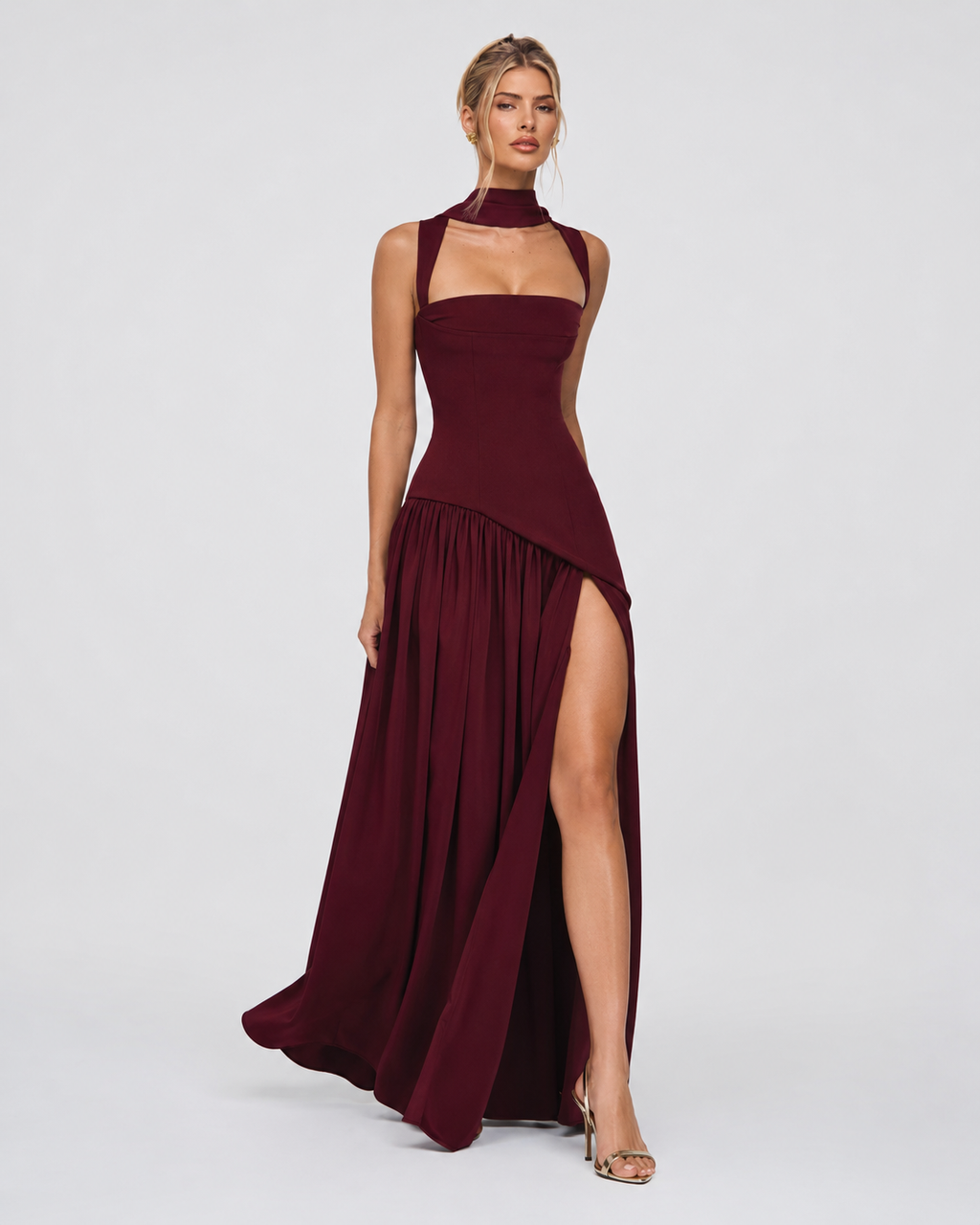 Ariane | Robe Longue Corset Fendue Écharpe Assortie
