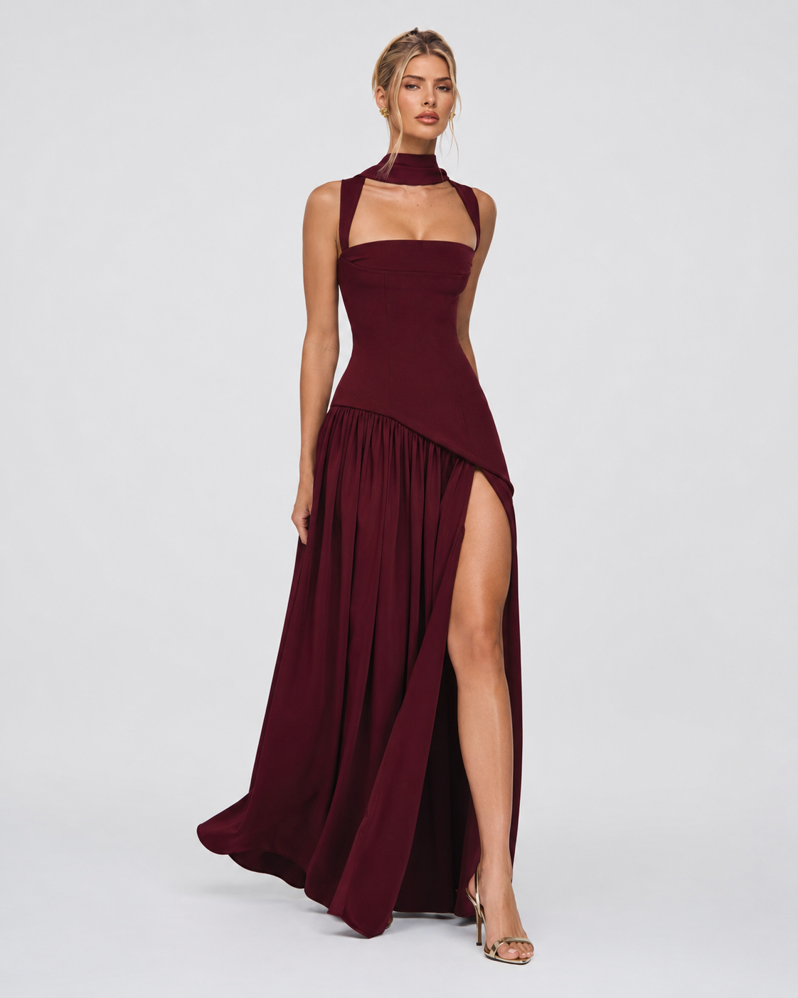 Ariane | Robe Longue Corset Fendue Écharpe Assortie