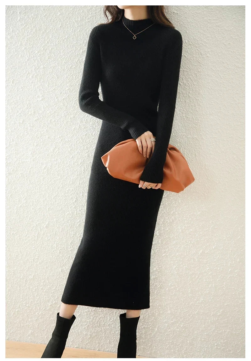Mylène | Robe Pull Midi Côtelée Col Montant