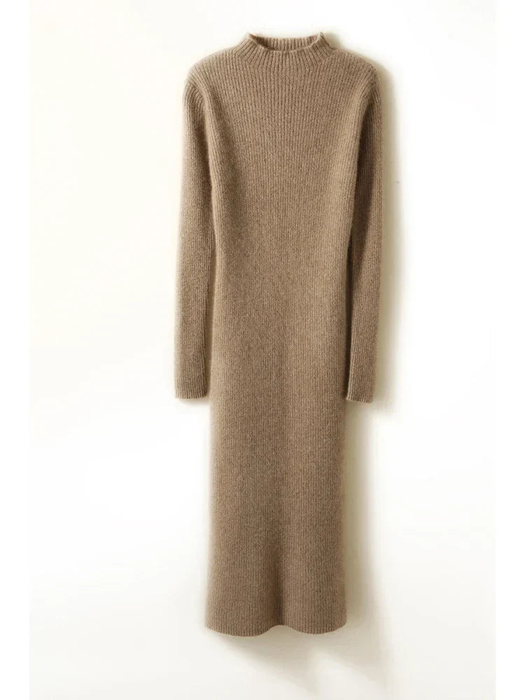 Mylène | Robe Pull Midi Côtelée Col Montant