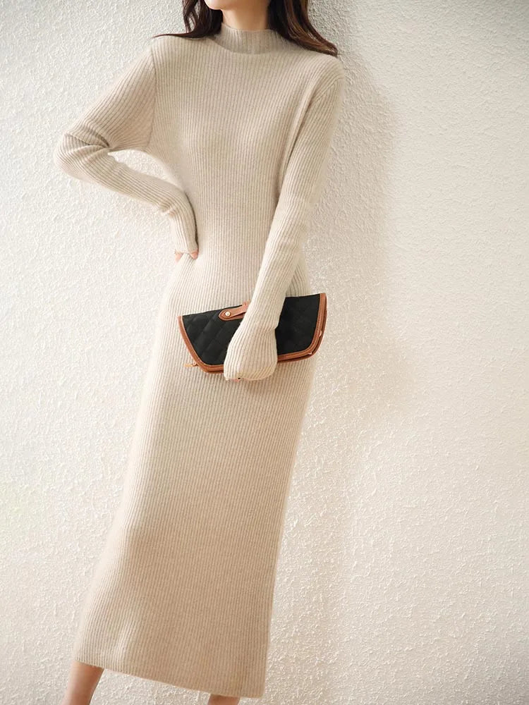 Mylène | Robe Pull Midi Côtelée Col Montant