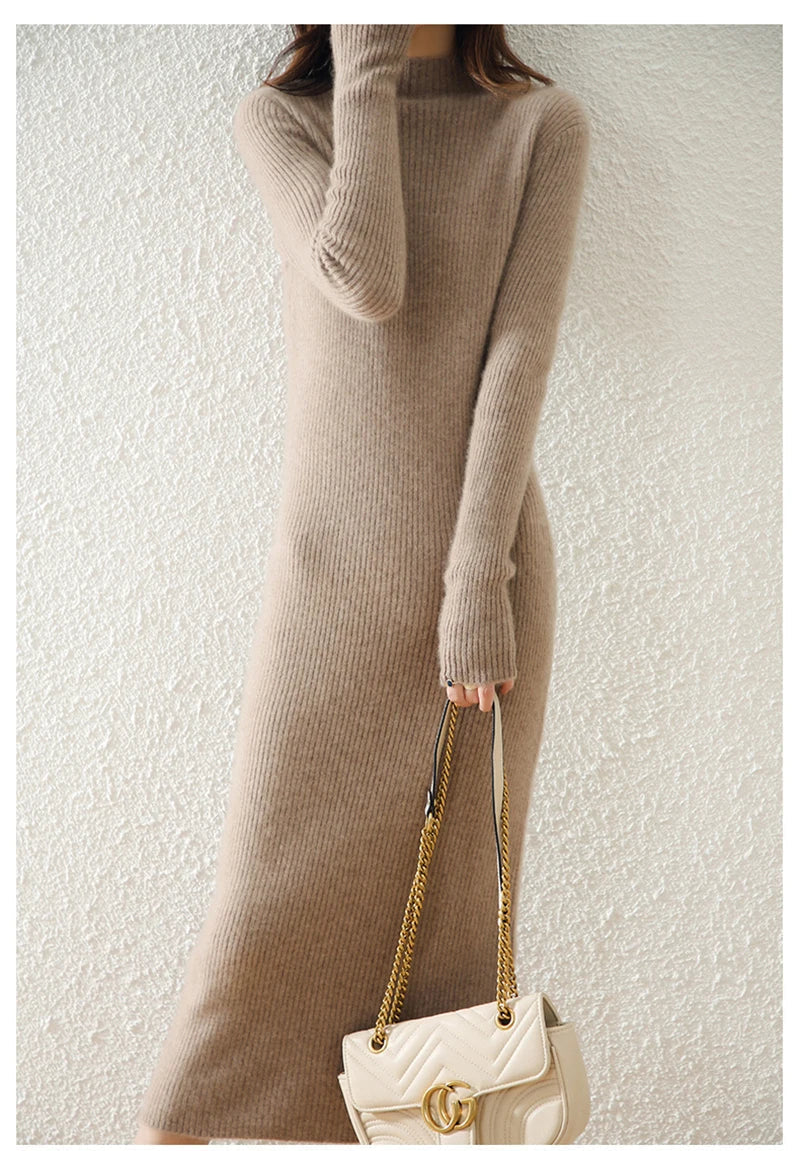 Mylène | Robe Pull Midi Côtelée Col Montant