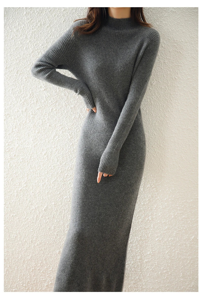 Mylène | Robe Pull Midi Côtelée Col Montant