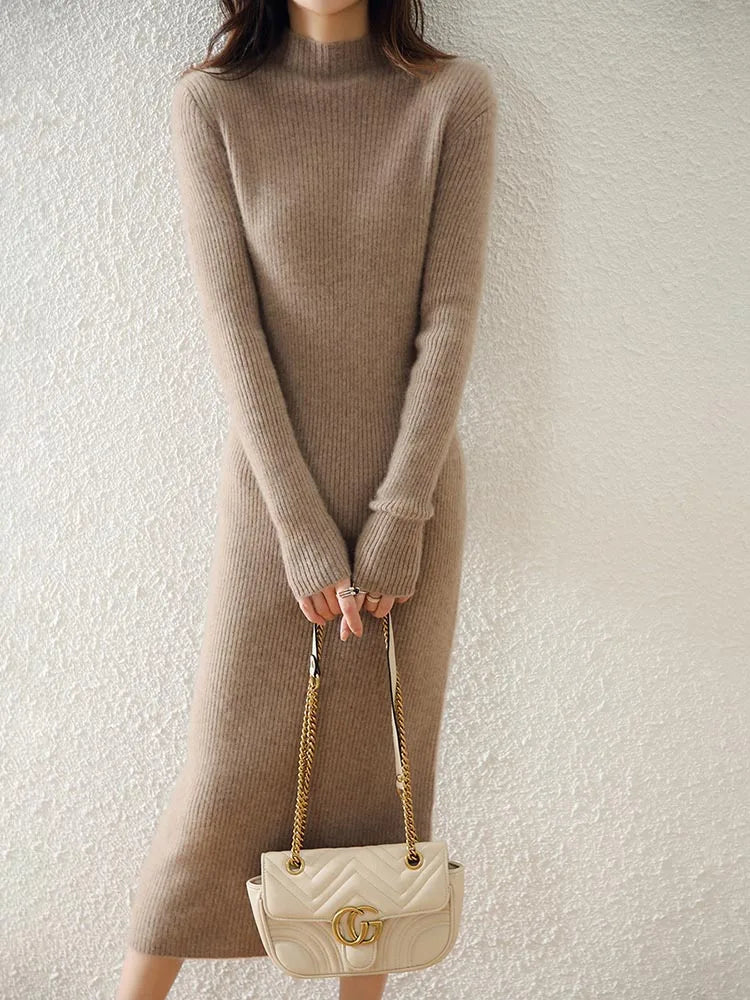 Mylène | Robe Pull Midi Côtelée Col Montant