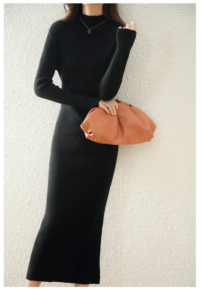 Mylène | Robe Pull Midi Côtelée Col Montant