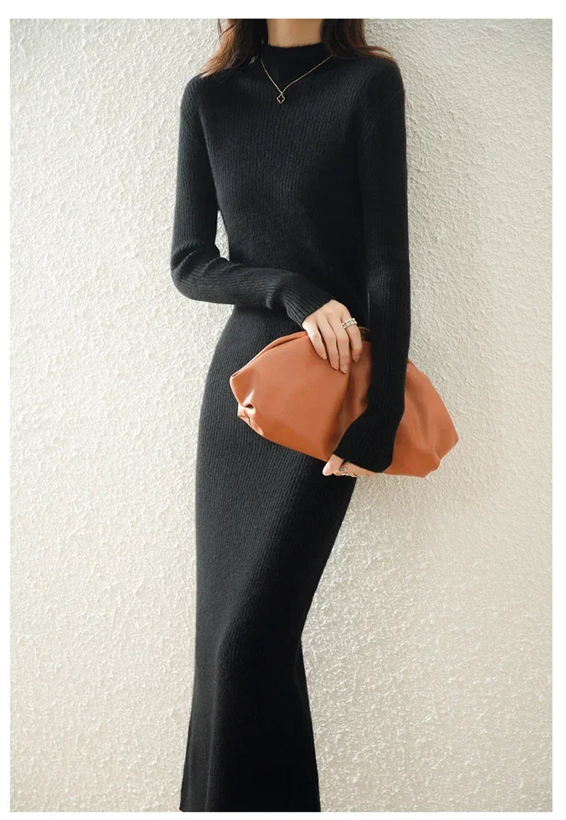 Mylène | Robe Pull Midi Côtelée Col Montant