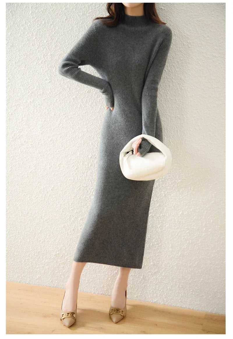Mylène | Robe Pull Midi Côtelée Col Montant