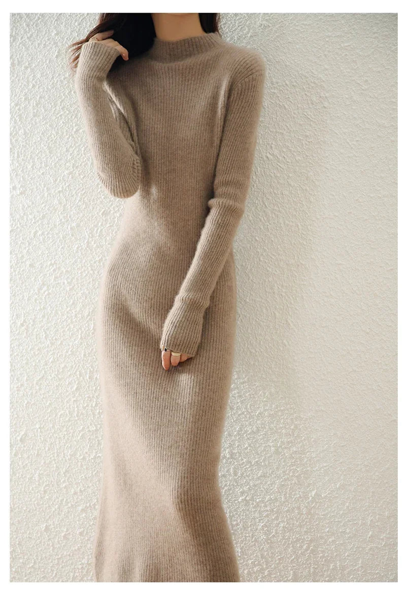 Mylène | Robe Pull Midi Côtelée Col Montant
