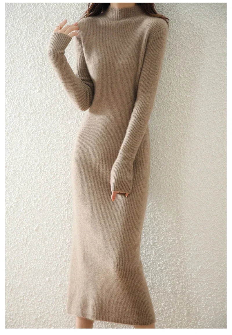 Mylène | Robe Pull Midi Côtelée Col Montant