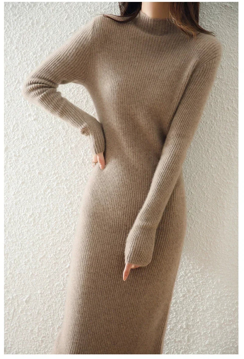 Mylène | Robe Pull Midi Côtelée Col Montant