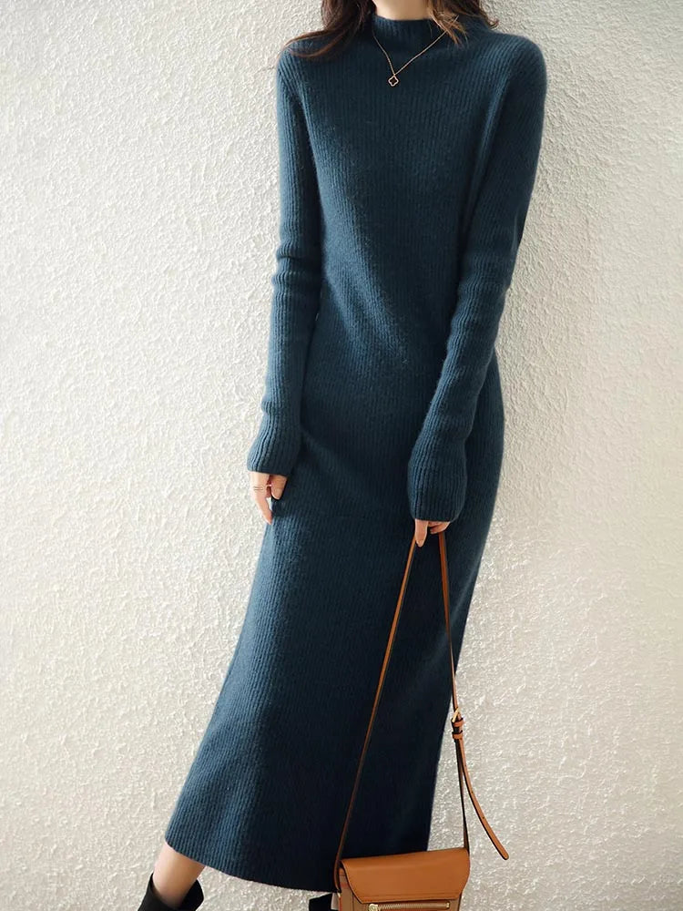 Mylène | Robe Pull Midi Côtelée Col Montant
