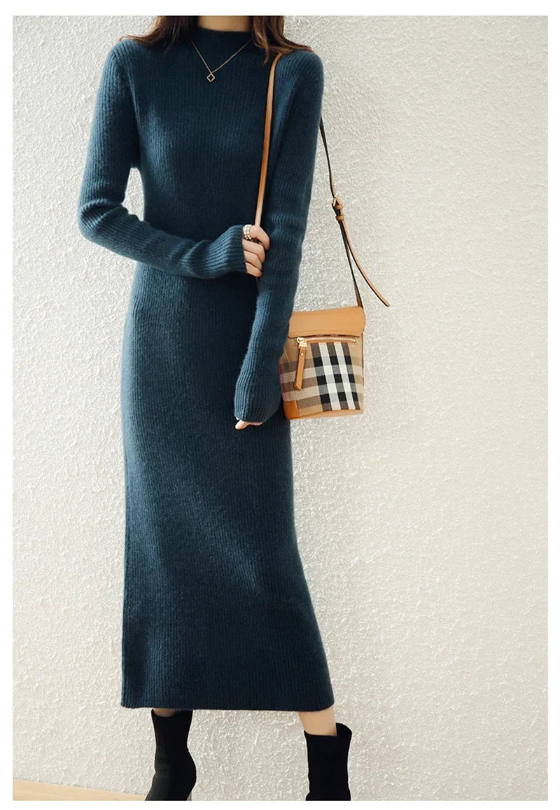 Mylène | Robe Pull Midi Côtelée Col Montant