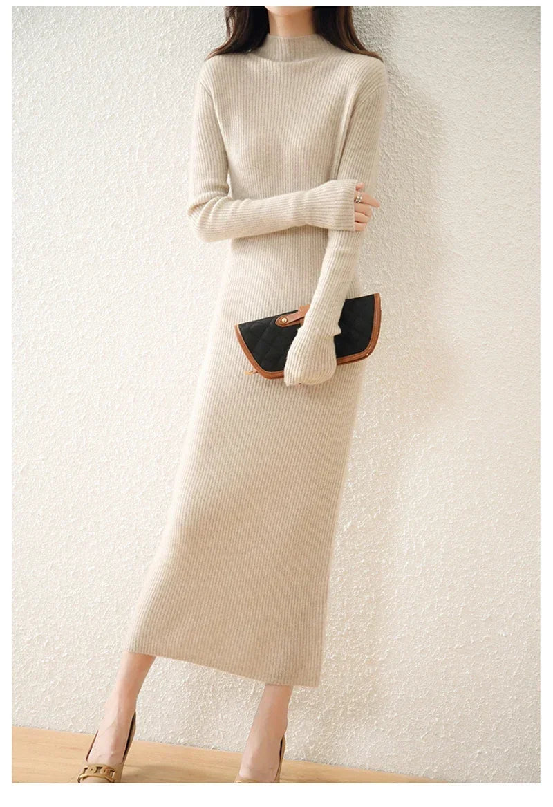 Mylène | Robe Pull Midi Côtelée Col Montant