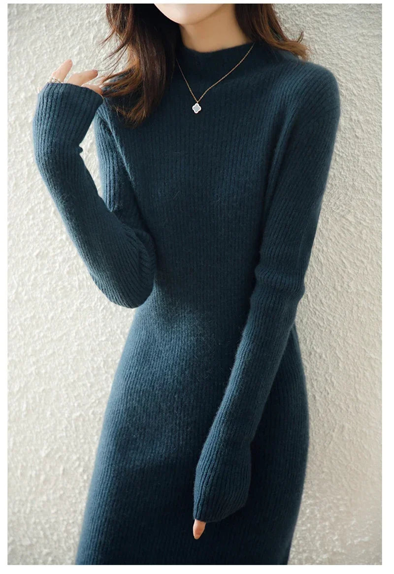 Mylène | Robe Pull Midi Côtelée Col Montant