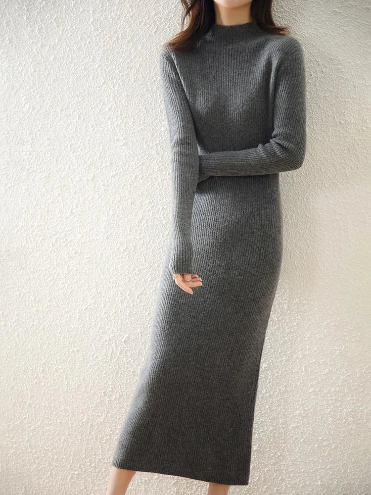 Mylène | Robe Pull Midi Côtelée Col Montant