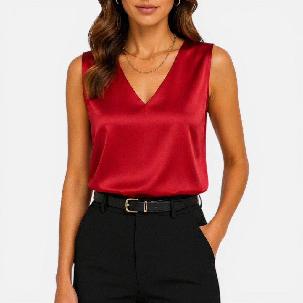 Laure | Blouse Satin Col V Sans Manches Femme