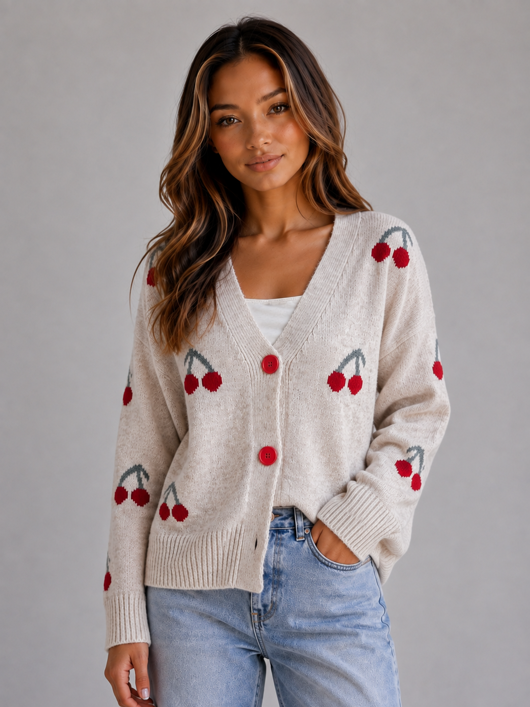 Nina | Gilet Imprimé Cerises Col V
