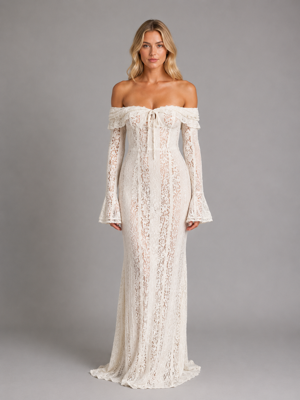 Simone | Robe Maxi Dentelle Épaules Dénudées