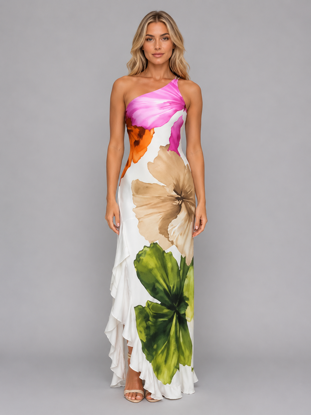 Nicole | Robe Maxi Fleurie Une Épaule