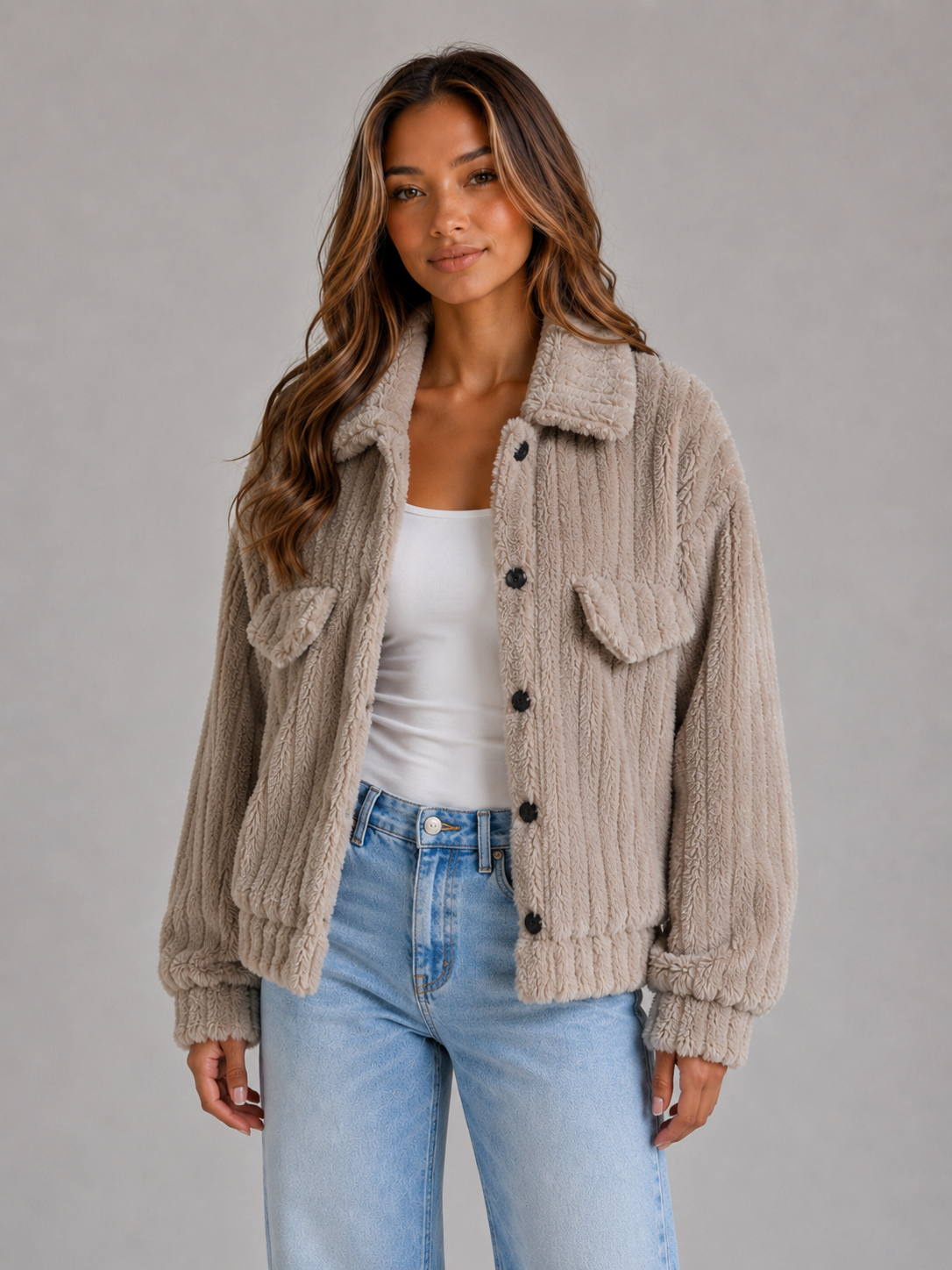 Élodie | Veste Peluche Col Boutonné