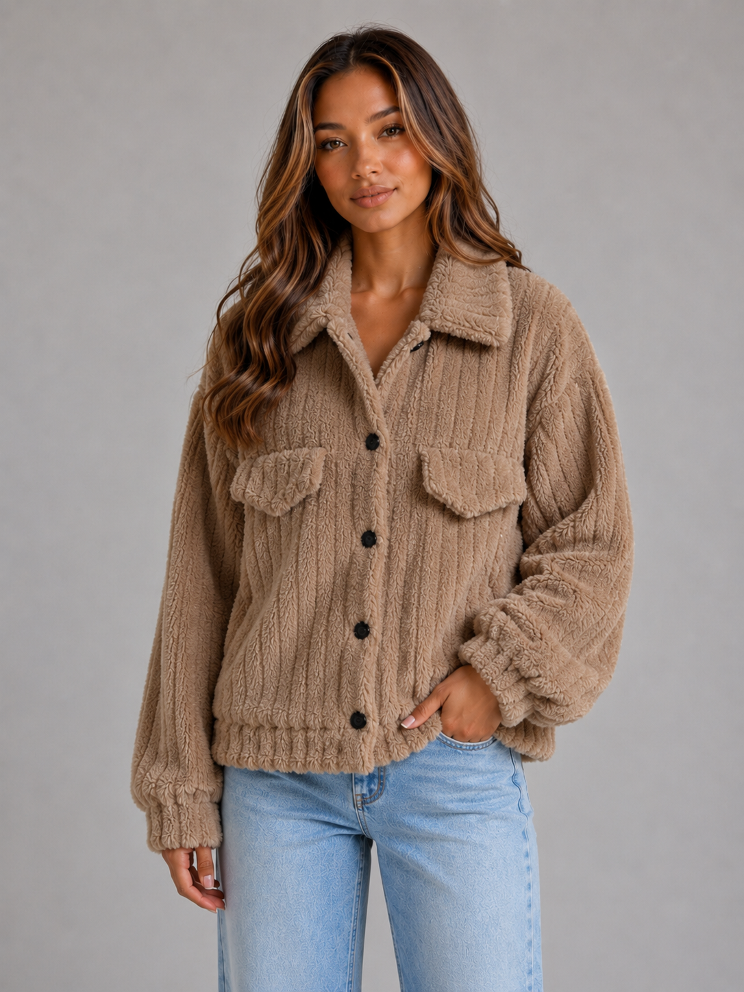 Élodie | Veste Peluche Col Boutonné
