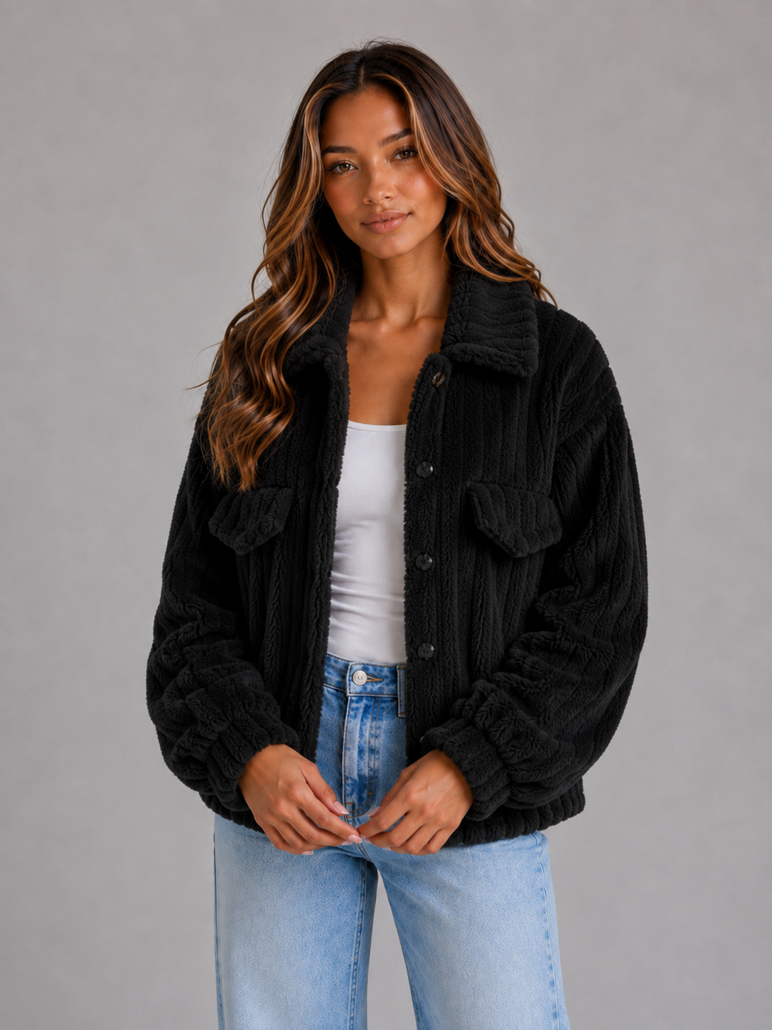 Élodie | Veste Peluche Col Boutonné