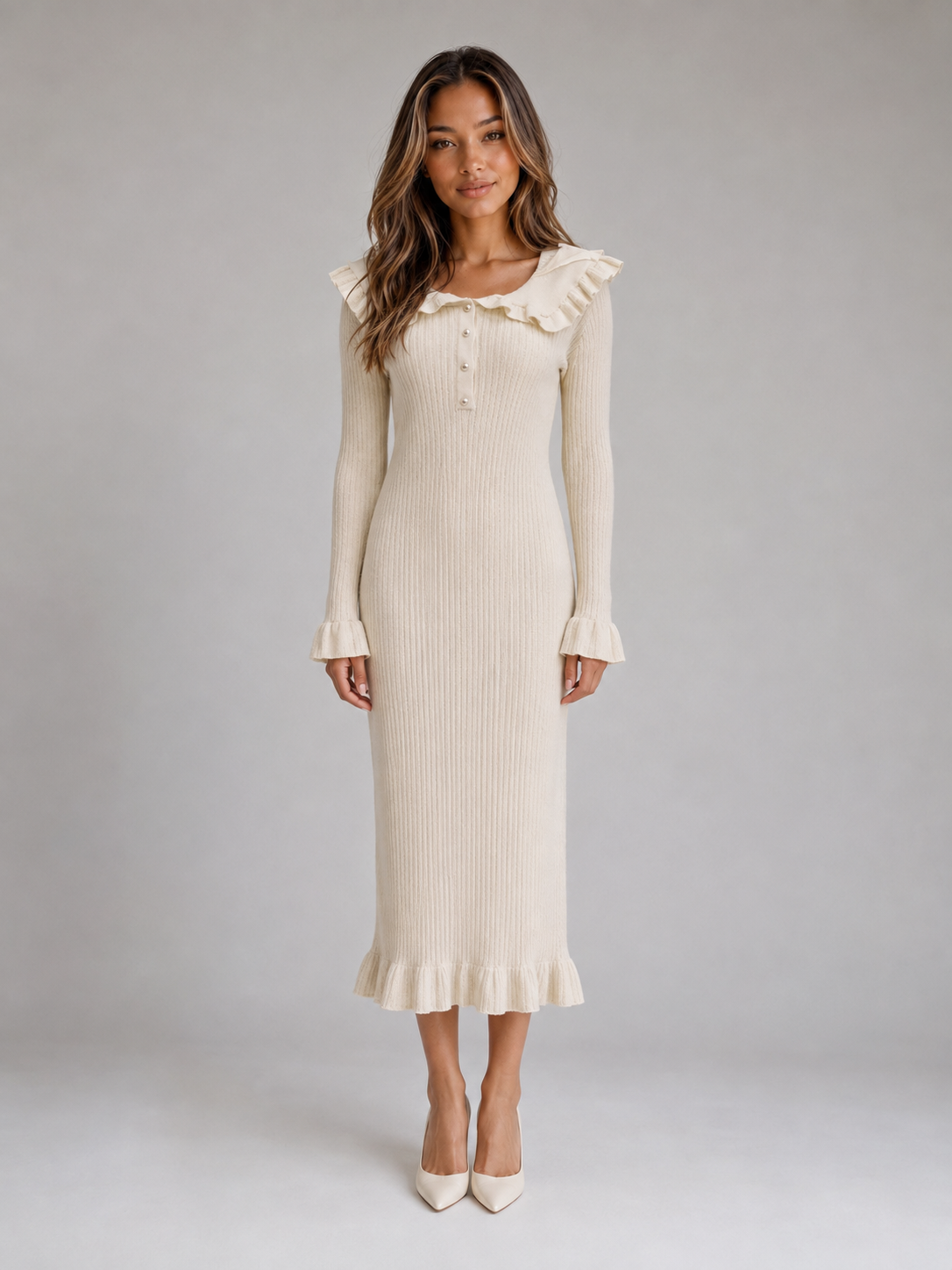 Amélie | Robe Midi Côtelée Col Volanté