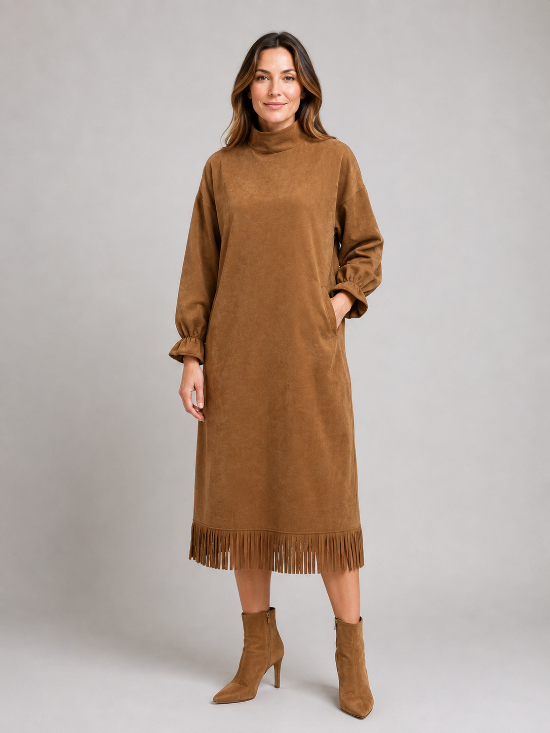 Emmanuelle | Robe Midi Aspect Suédine Franges
