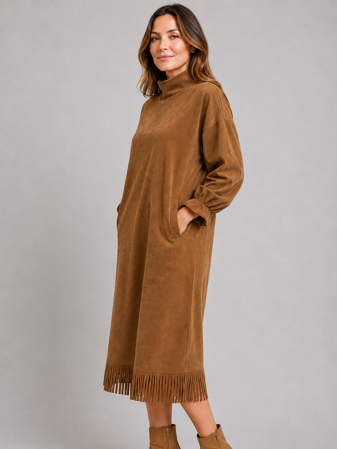 Emmanuelle | Robe Midi Aspect Suédine Franges