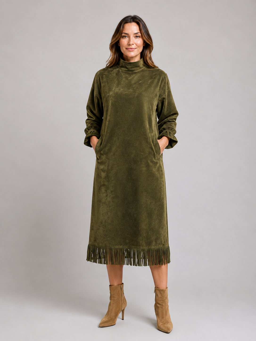 Emmanuelle | Robe Midi Aspect Suédine Franges