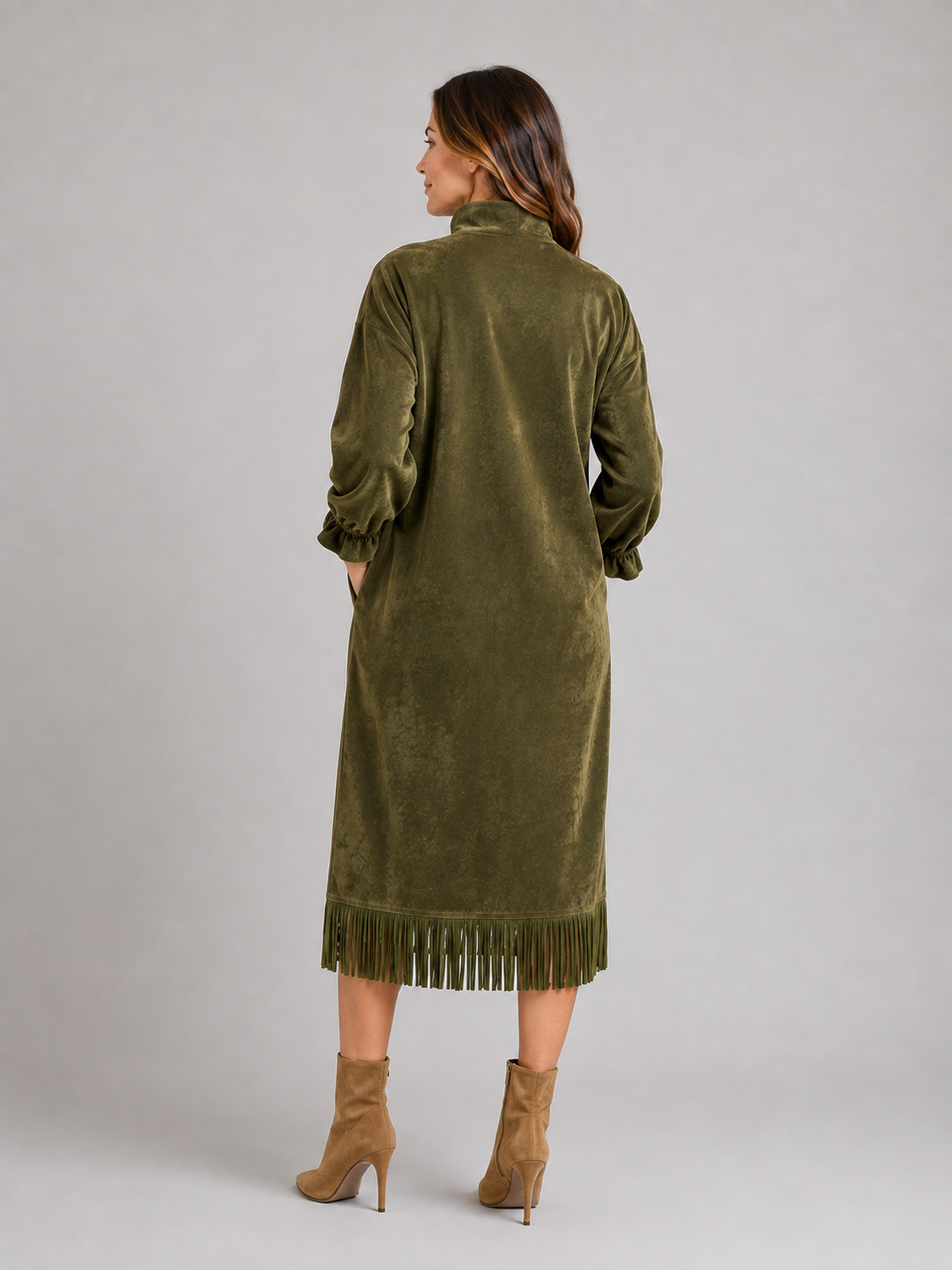 Emmanuelle | Robe Midi Aspect Suédine Franges